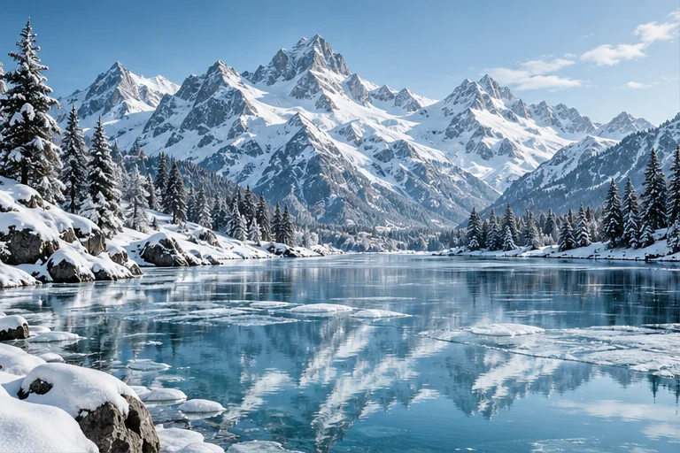 Creative inspiration: snowy mountains reflected in an alpine lake