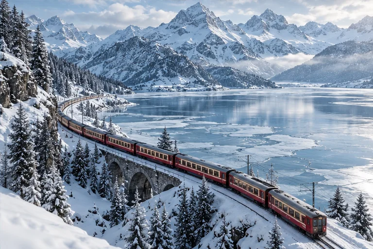 Creative inspiration: a train travelling through snowy mountains