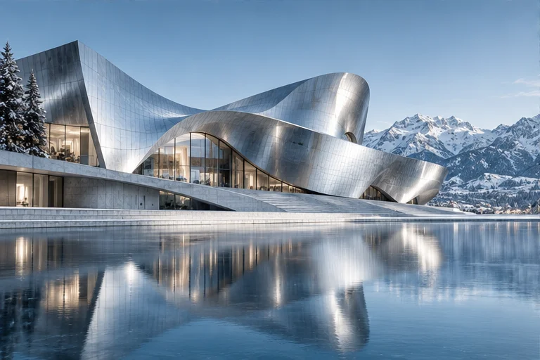 Creative inspiration: sculptural silver architecture beside water