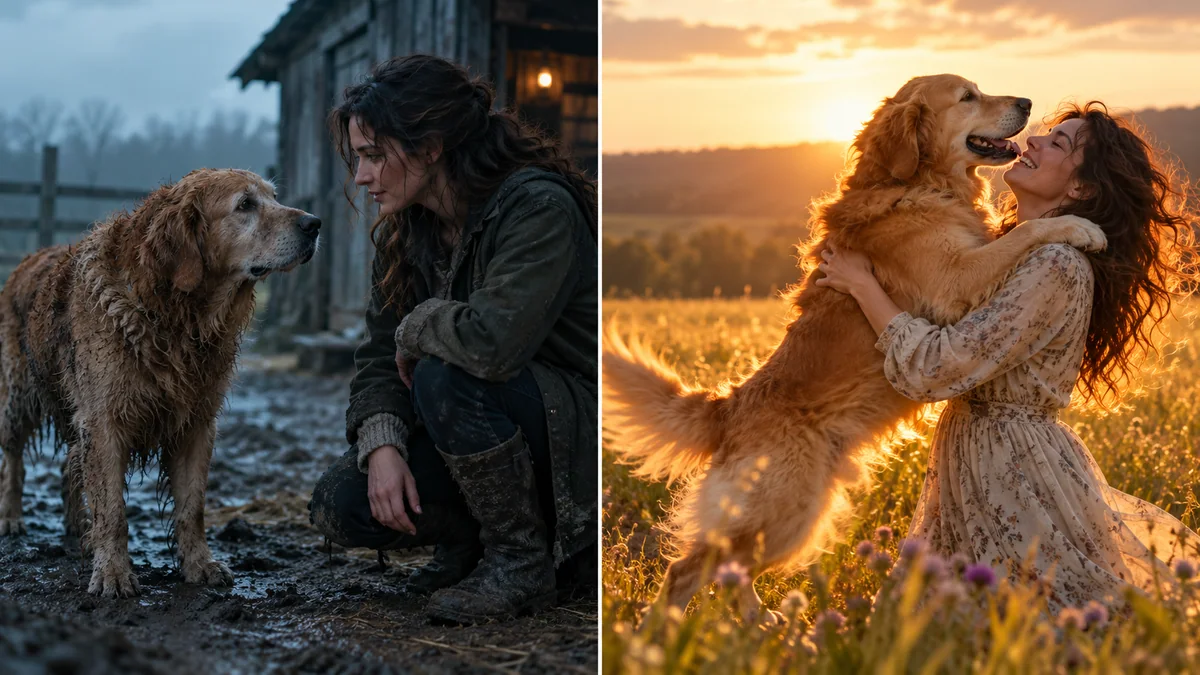 Hund kommt zurück Storyboard-Konzept, kalte blaugrüne Szene neben einer goldenen Erinnerung