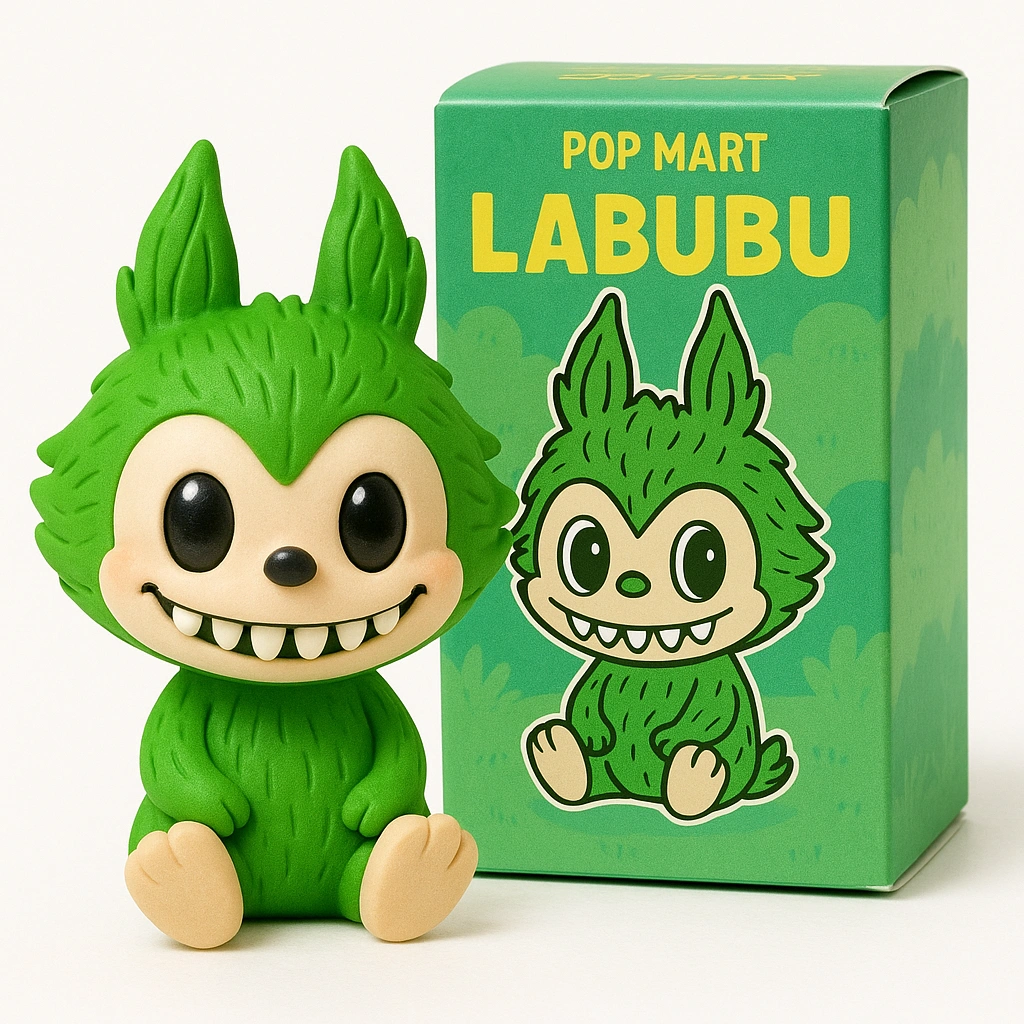 限量版 Labubu,有着绿色毛发、大眼睛和标志性的九齿笑容,展示在 Pop Mart 盲盒包装中