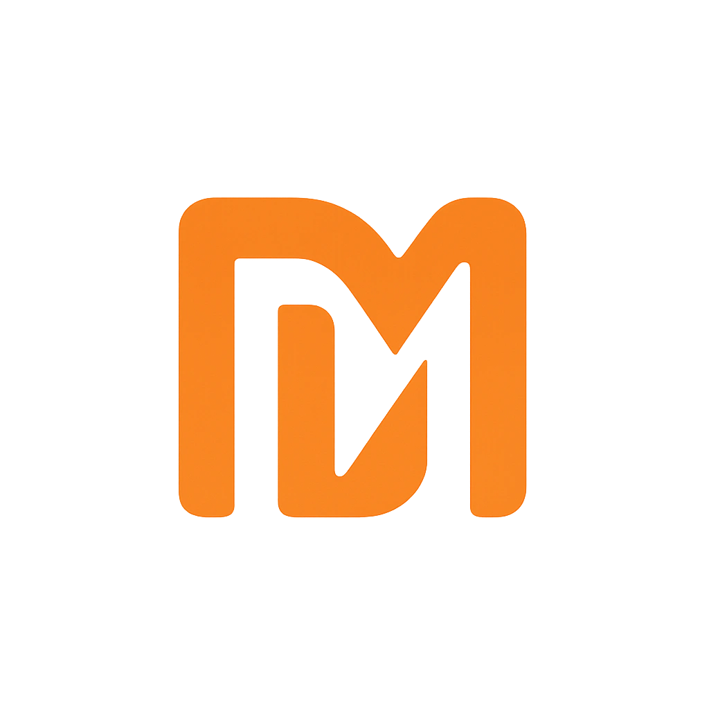 字母 'MI' 变形，线条简洁流畅，橙色与白色的搭配，体现活力与科技感