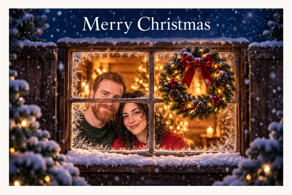 Snowy Window AI Christmas card face made from the sample couple photo