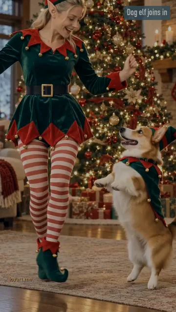 Dog elf joins in early frame of the clip