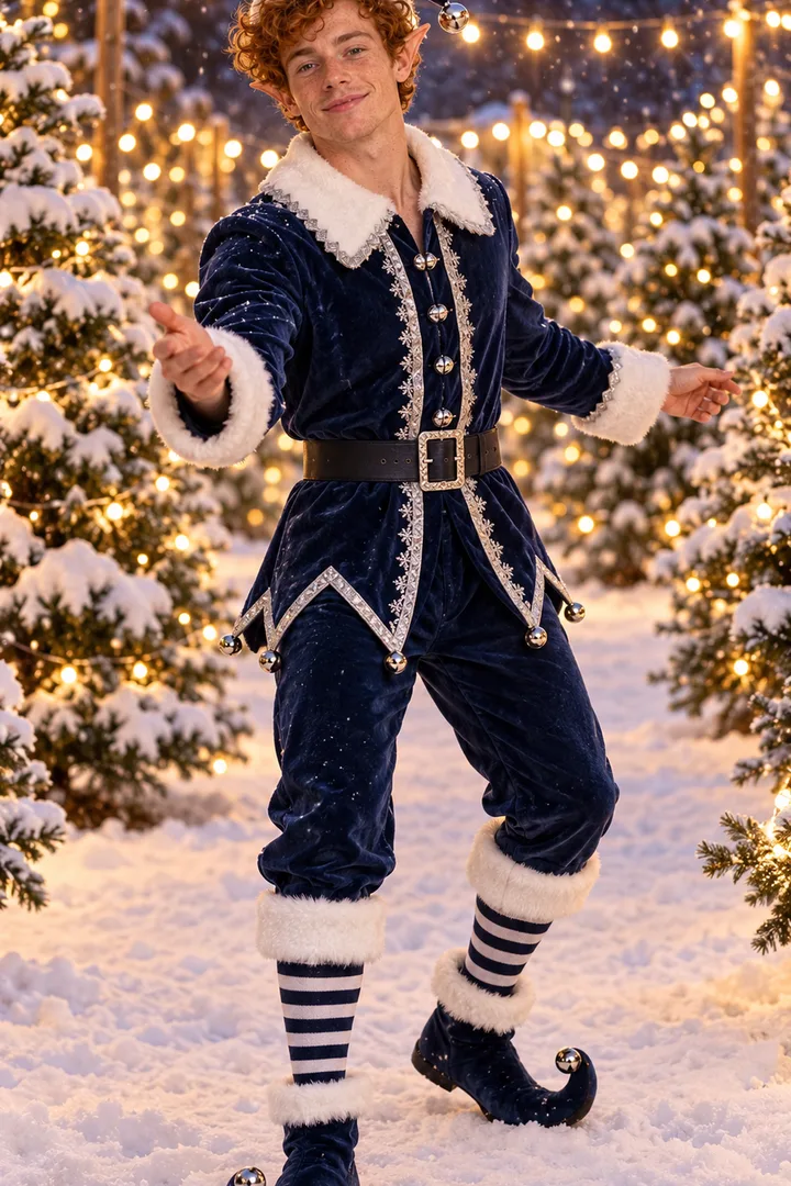 Your colours: an original adult in a navy and silver elf suit at a snowy tree farm