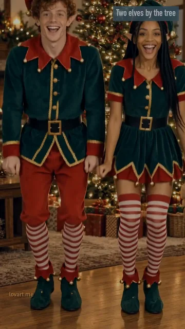Two elves by the tree early frame of the clip