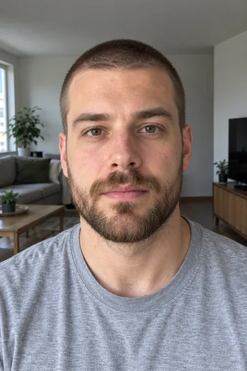 His photo: an original adult man with a buzz cut and a short beard in a grey tee