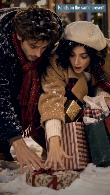 Hands on the same present: both reach for the dropped gifts