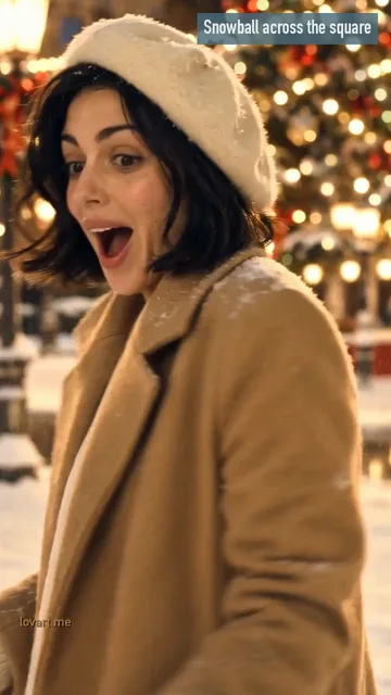 Snowball standoff: she gasps as the snowball hits