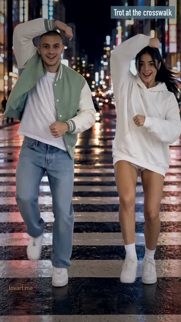 The lasso pose: both dancers with one arm raised over the head