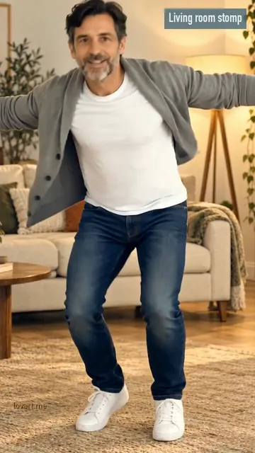 Arms flung open, frame from the Living room stomp clip