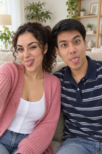 Before frame: an original adult couple on a sofa pulling faces